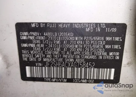 2010 Subaru Forester 2.5X from USA, damaged, VIN JF2SH6ACXAG758452
